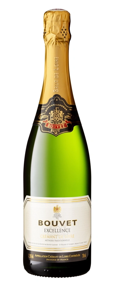 Bouvet Brut Excellence Crémant de Loire, Champagnerflasche, goldene Verpackung, französisch