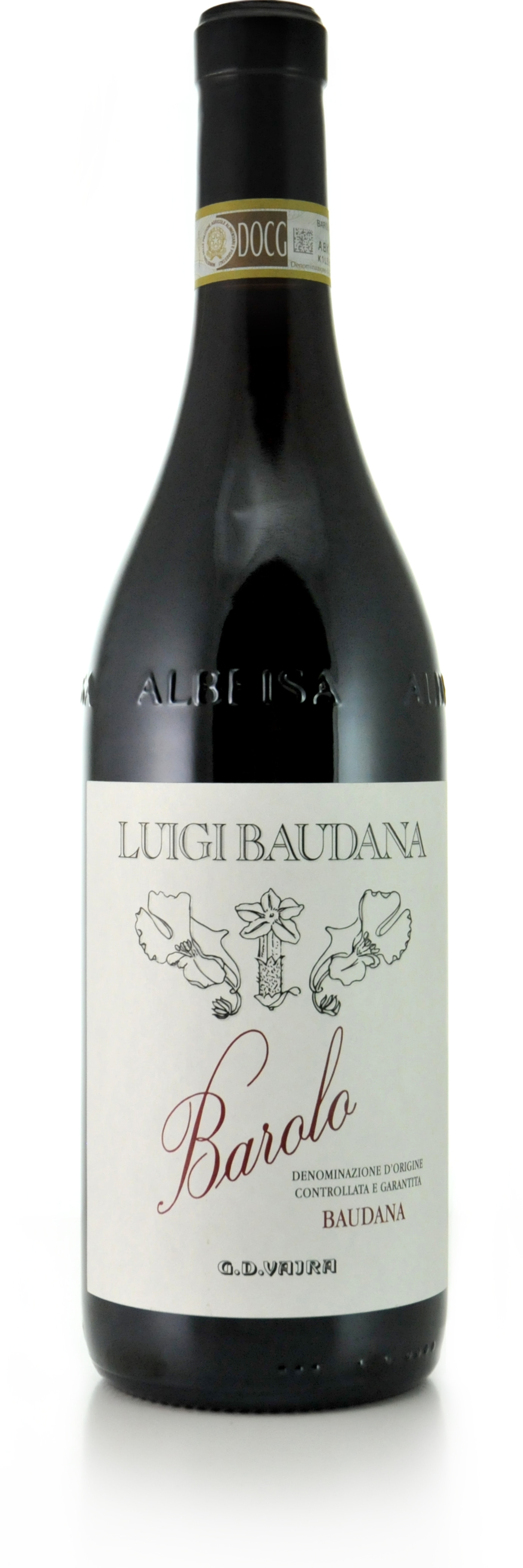 Wein-Etikett mit der Aufschrift Barolo von Luigi Baudana, DOCG-Zertifizierung.