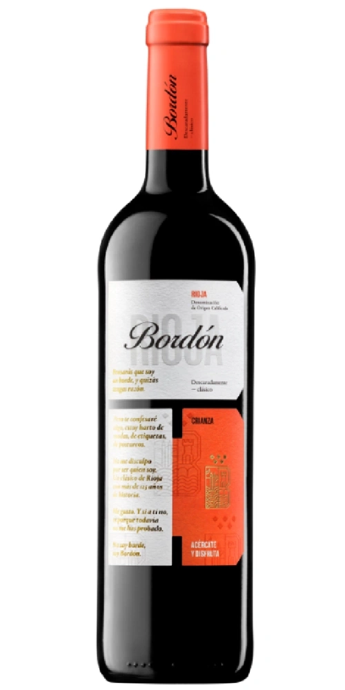 Eine Flasche Bordón Rioja mit einem roten Etikett und goldener Schrift.
