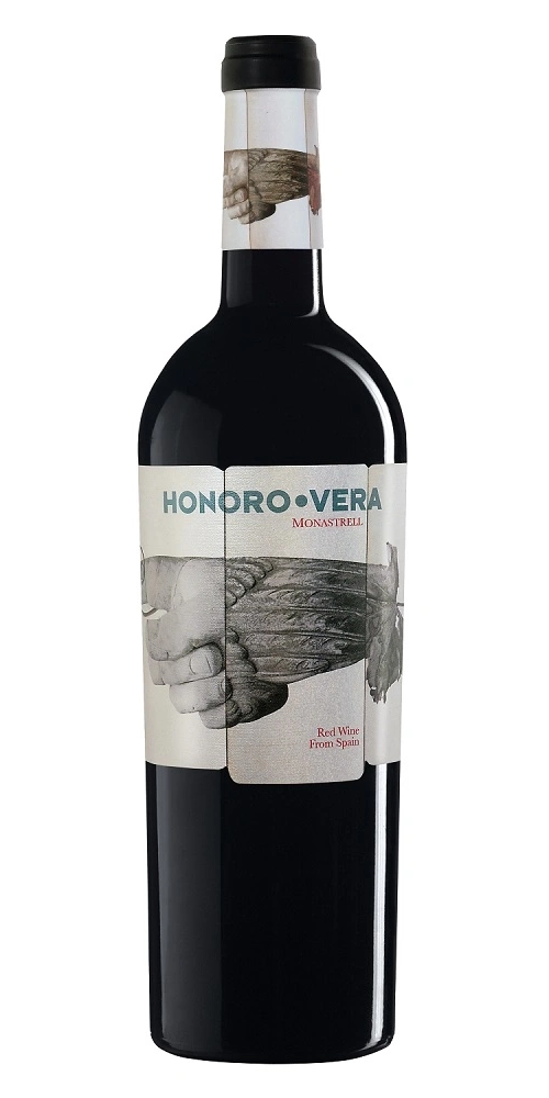 Ein dunkles Rotweinflasche mit einem Etikett, das "HONORO VERA MONASTRELL" anzeigt.