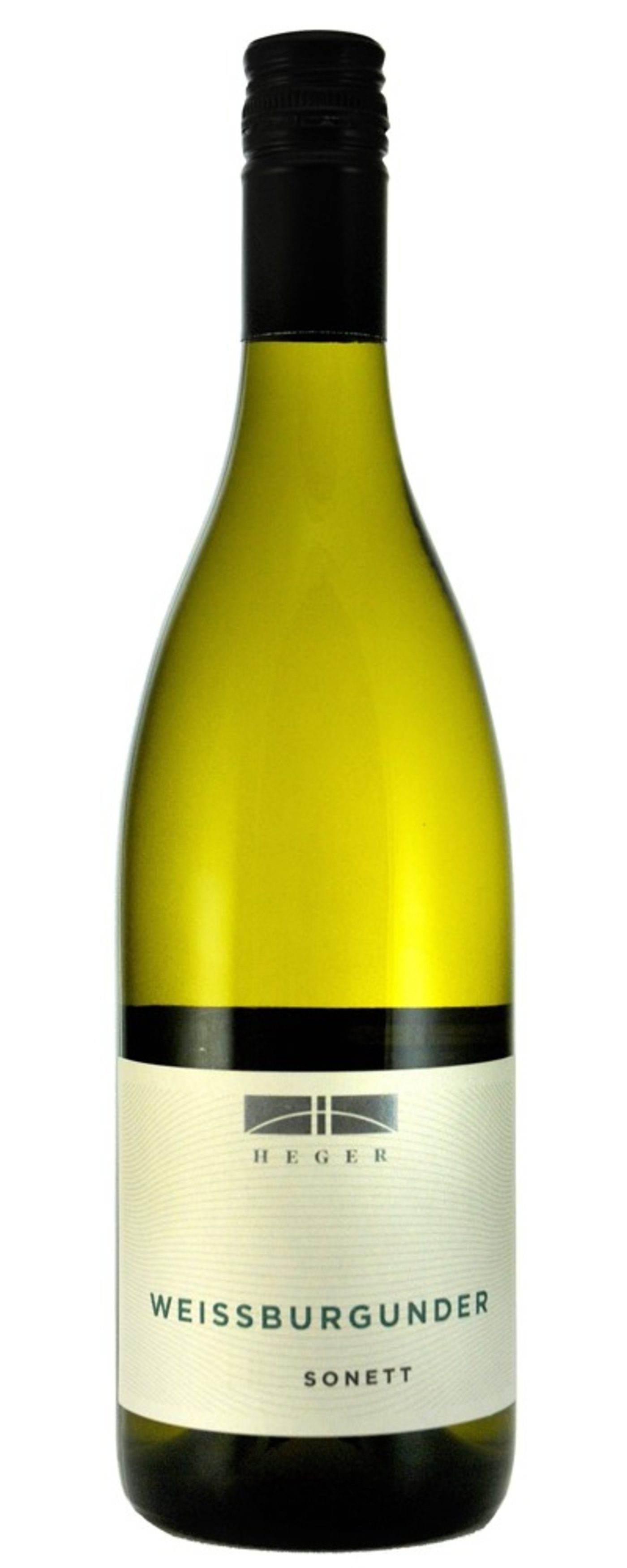 Weißburgunder Sonett Wein, grüne Flasche, schwarzer Verschluss, Heger Logo, Etikett