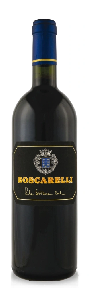 Wein-Flasche mit schwarzem Etikett und goldenen Details, BOSCARELLI.