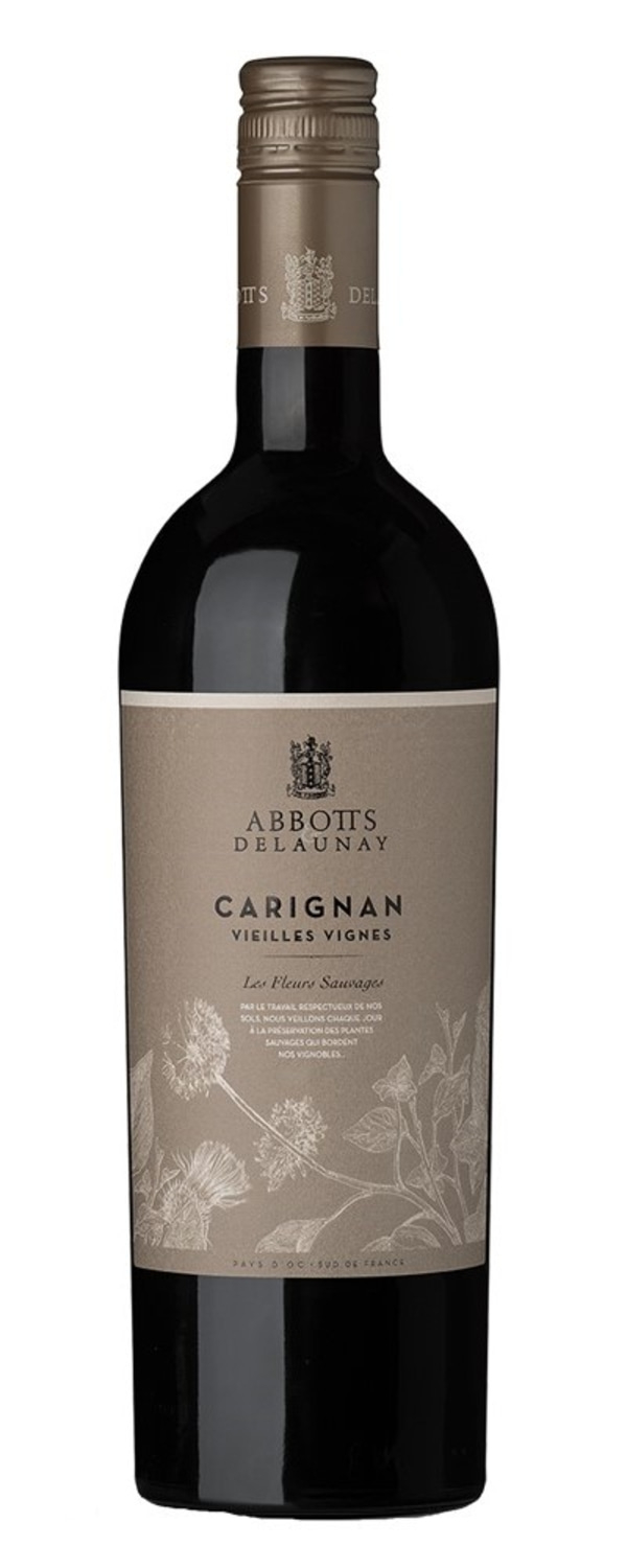 Wein-Flasche mit Aufschrift CARIGNAN VIEILLES VIGNES Les Fleurs Sauvages