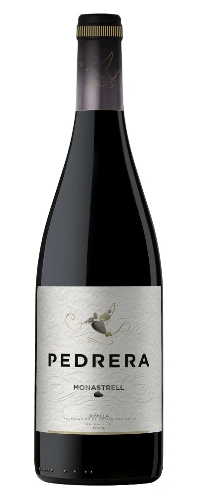 Wein Pedrera Monastrell, Flasche mit Etikett und Vogel-Design, Spanien