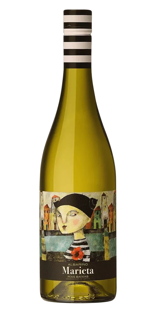 Flasche Wein mit Etikett einer Frau vor Stadtbild
