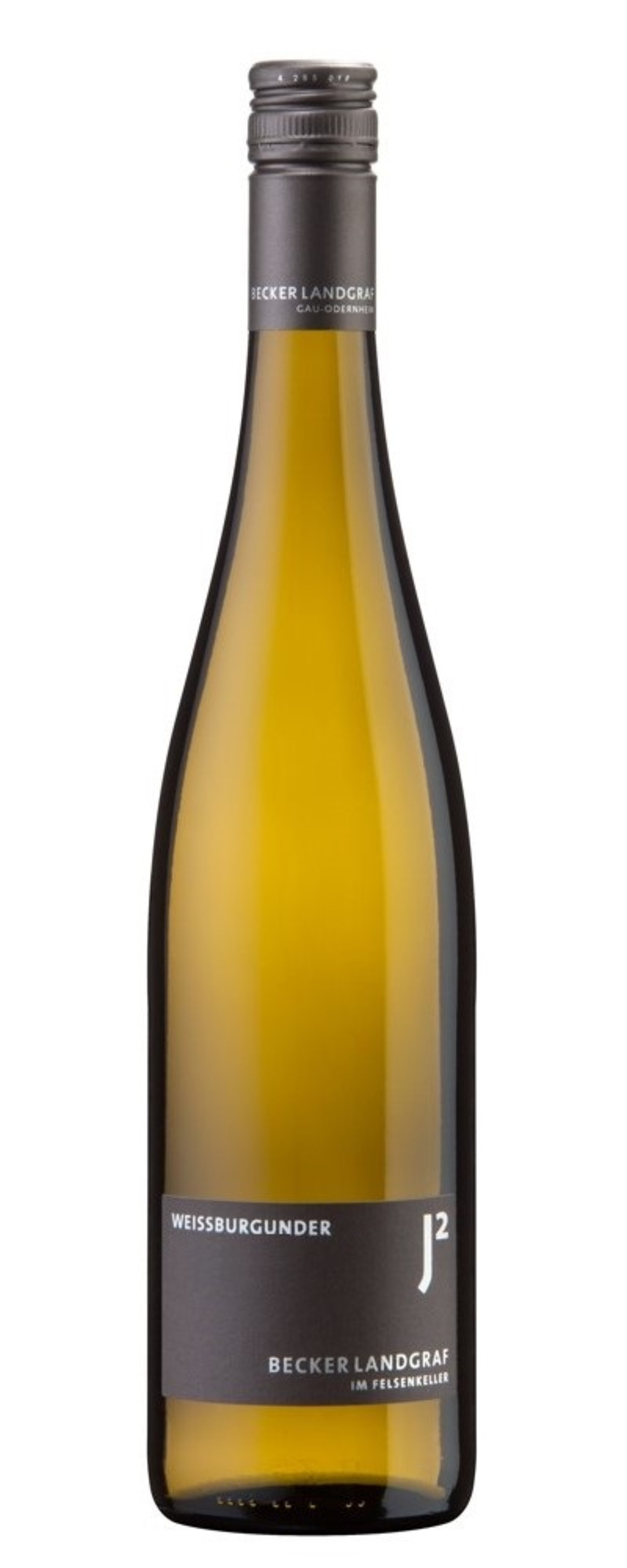 Weißwein-Flasche mit Etikett 'Becker Landgraf' und 'J²' auf weißem Hintergrund.