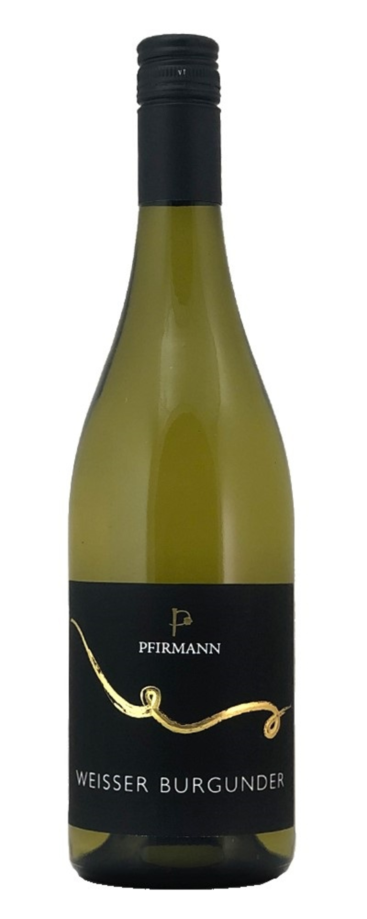 Weißwein-Flasche mit schwarzem Etikett und goldener Verzierung, Weisser Burgunder.