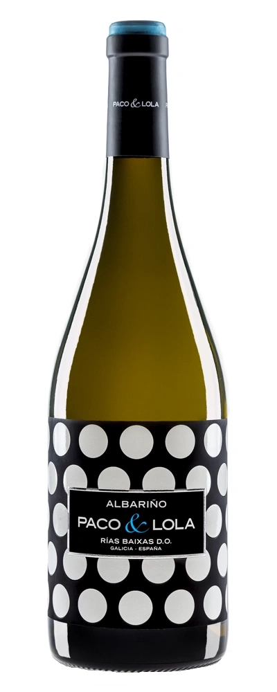 Flasche Paco & Lola Albariño Wein mit schwarzen und weißen Punkten