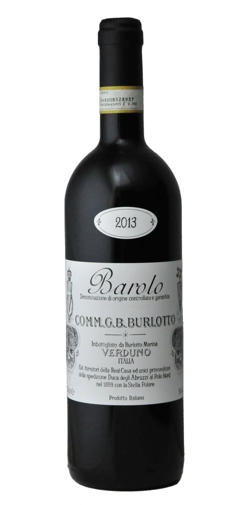 Eine dunkle Flasche Rotwein mit dem Etikett Barolo 2013 von Comm. G.B. Burlotto.