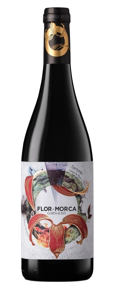 Wein-Etikett mit floralem Design und der Aufschrift 'Flor de Morca Garnacha'