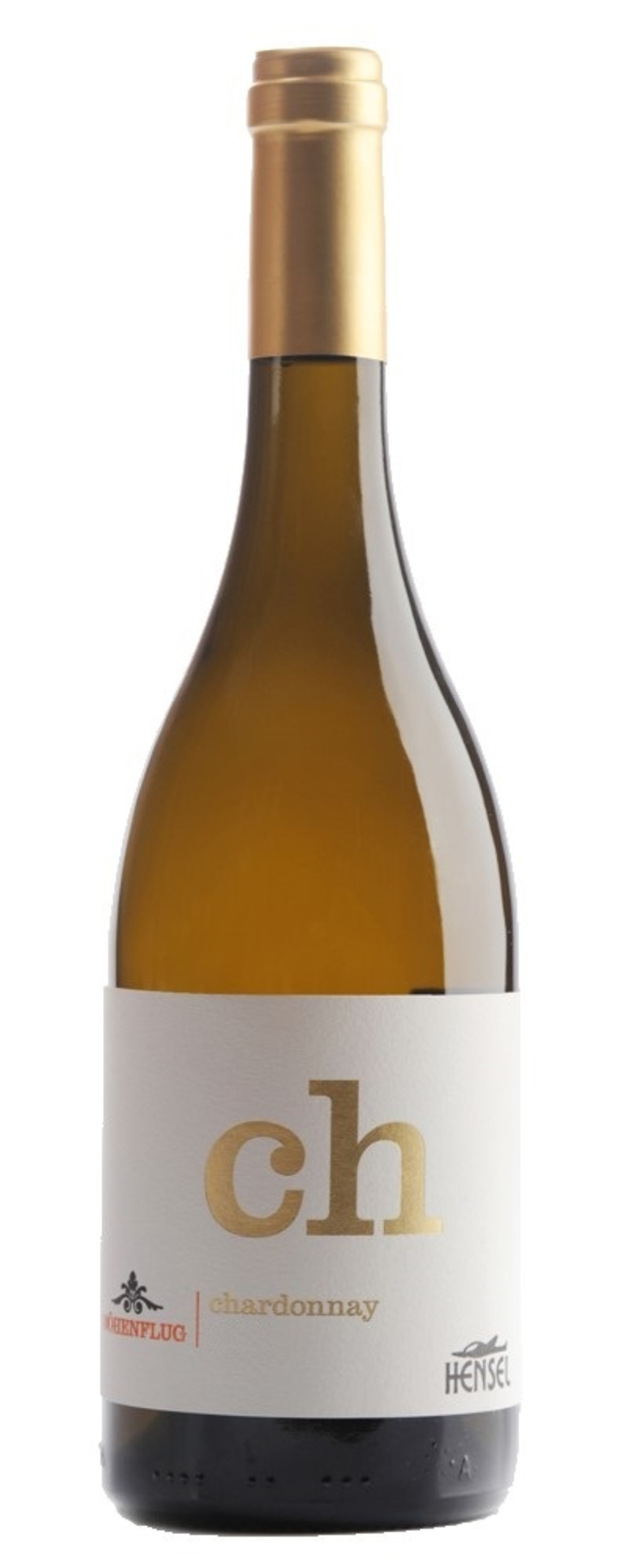Weinflasche mit goldenem Verschluss und Etikett mit "ch" und "chardonnay".