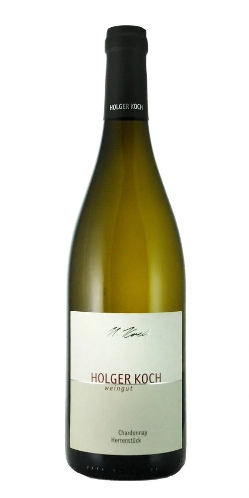 Flasche Holger Koch Weißwein Chardonnay Herrenstück mit Etikett und schwarzem Verschluss