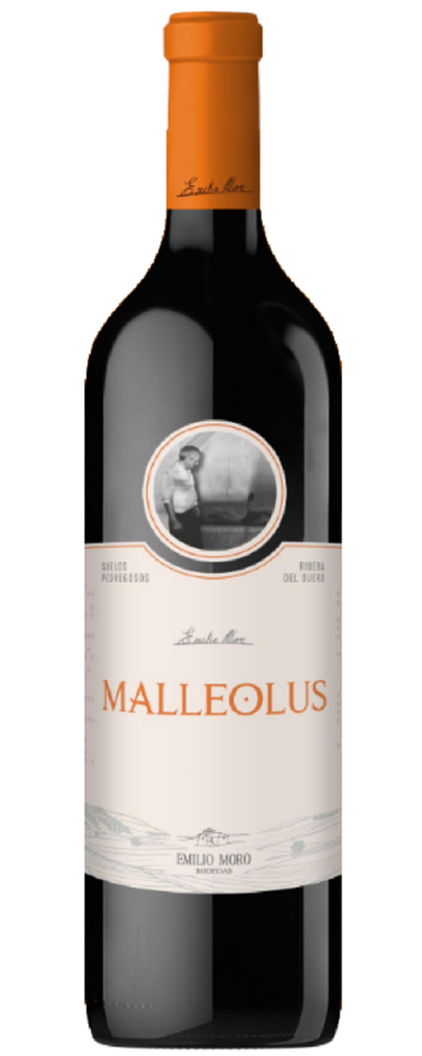Wein Malleolus von Emilio Moro, Flasche mit orangefarbenem Verschluss und Etikett