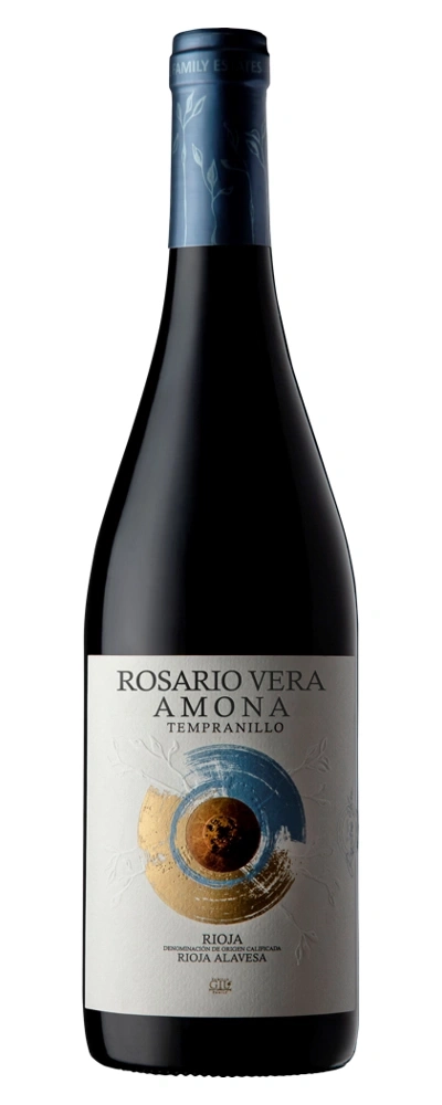 Wein-Flasche mit Etikett 'Rosario Vera Amona Tempranillo' aus Rioja Alavesa.