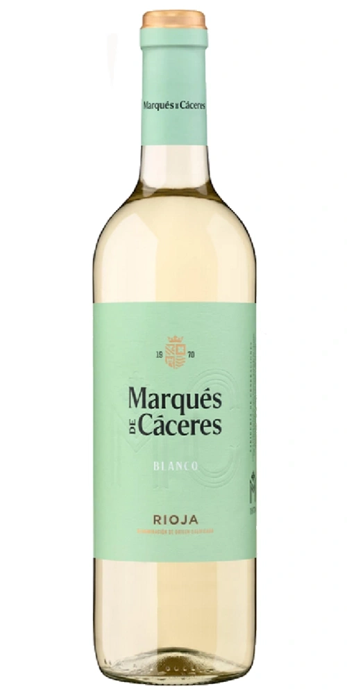Eine weiße Weinflasche von Marqués de Cáceres Rioja Blanco mit grüner Banderole.