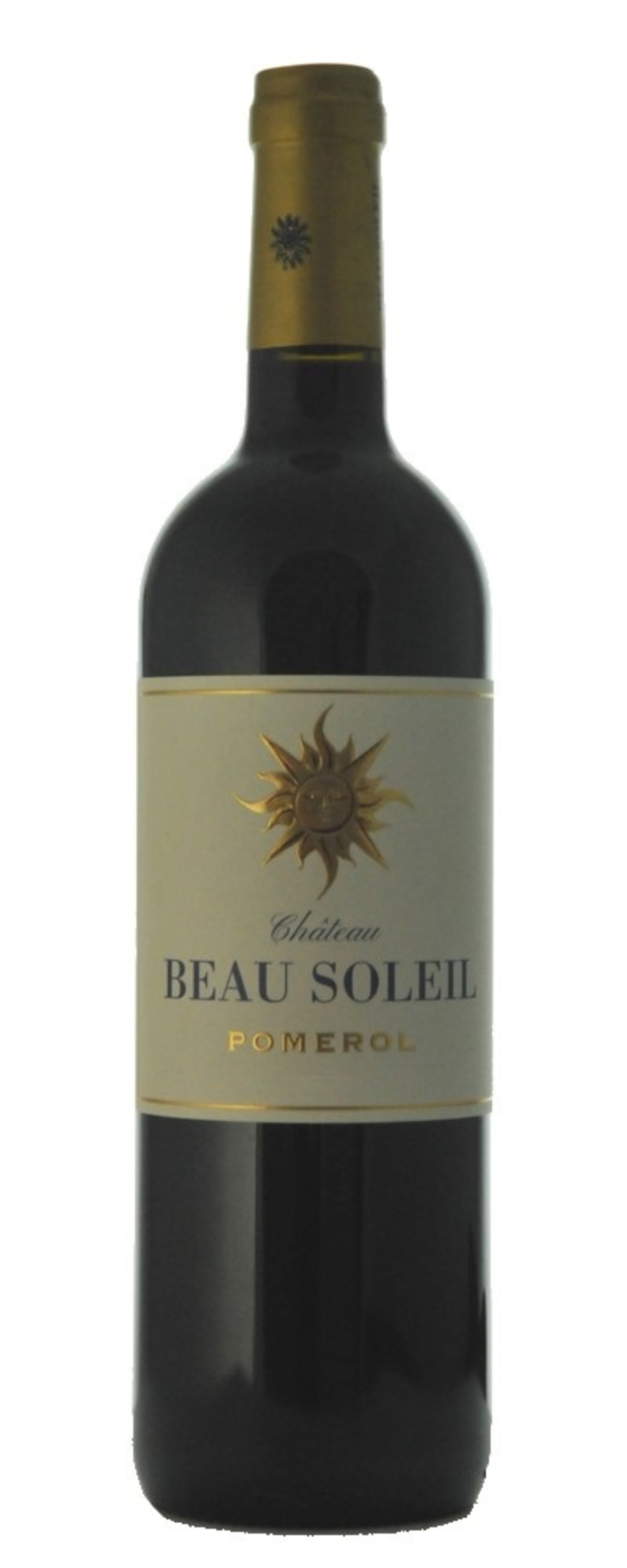 Wein Beau Soleil Pomerol, Flasche mit goldenem Etikett und Kapsel, Sonnenlogo