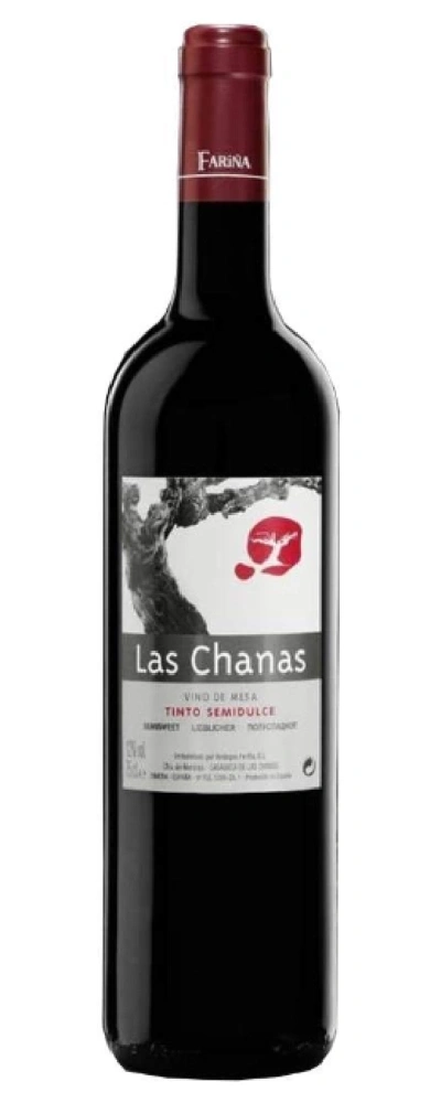 Eine Flasche Rotwein mit dem Etikett Las Chanas Tinto Semidulce von Farina.