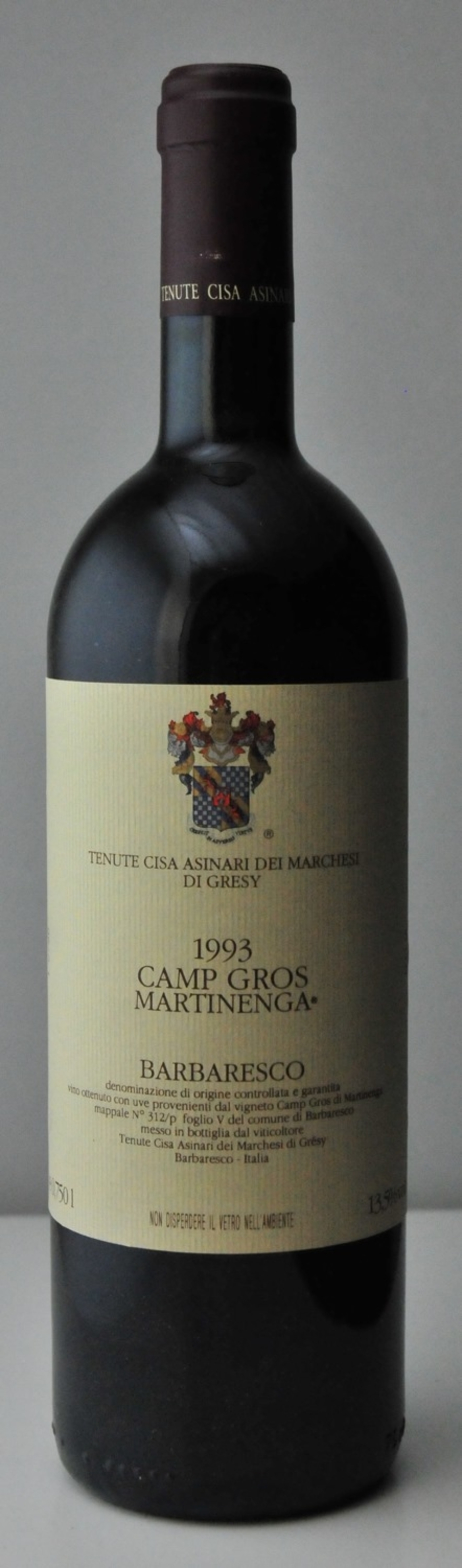 Wein-Etikett mit Jahrgang 1993, Barbaresco, Camp Gros Martinenga, Tenute Cisa Asinari