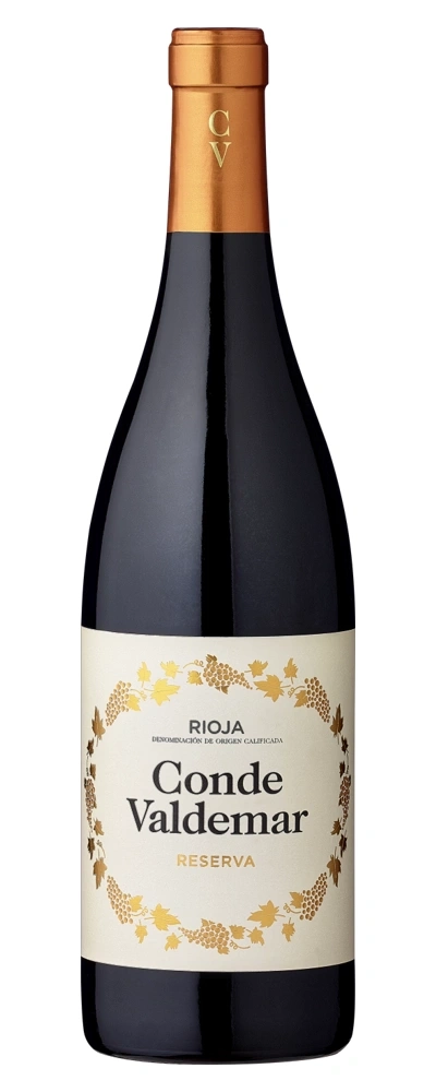 Wein-Flasche Conde Valdemar Reserva Rioja, goldene Details, dunkler Hintergrund