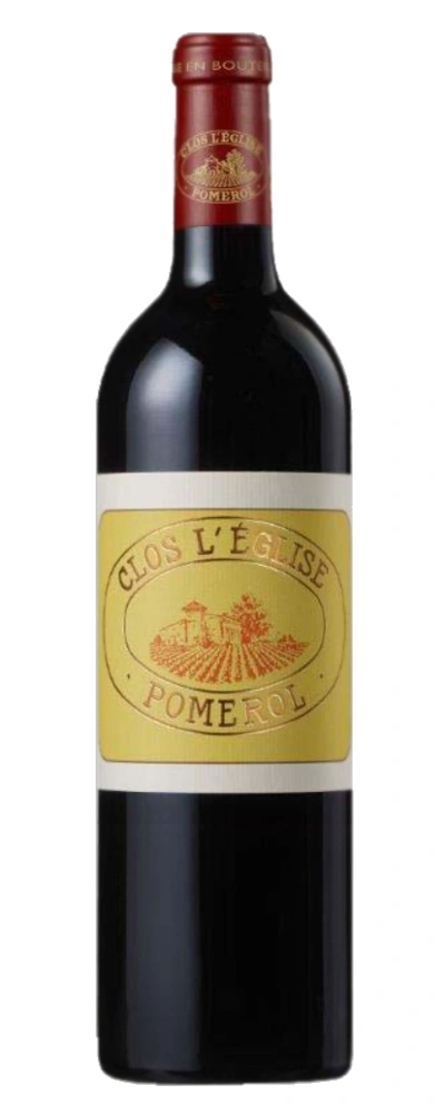 Eine Flasche Rotwein mit gelbem Etikett und der Aufschrift Clos L'Eglise Pomerol.