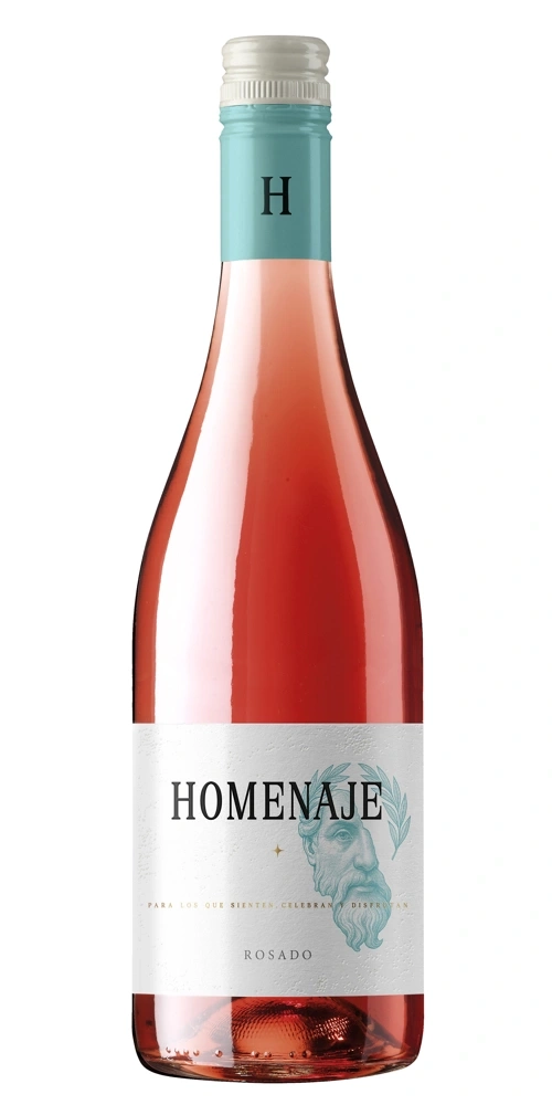 Eine Flasche Roséwein mit dem Etikett HOMENAJE und einer Büste von Platon.