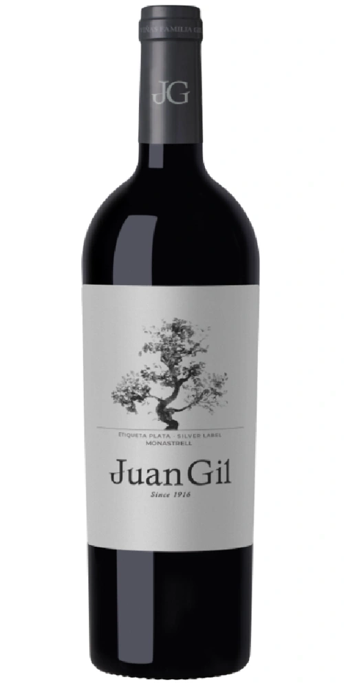 Juan Gil Wein mit silbernem Etikett und Baumabbildung