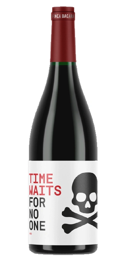 Flasche mit rotem Wein und Totenkopf-Symbol, "Time Waits For No One"