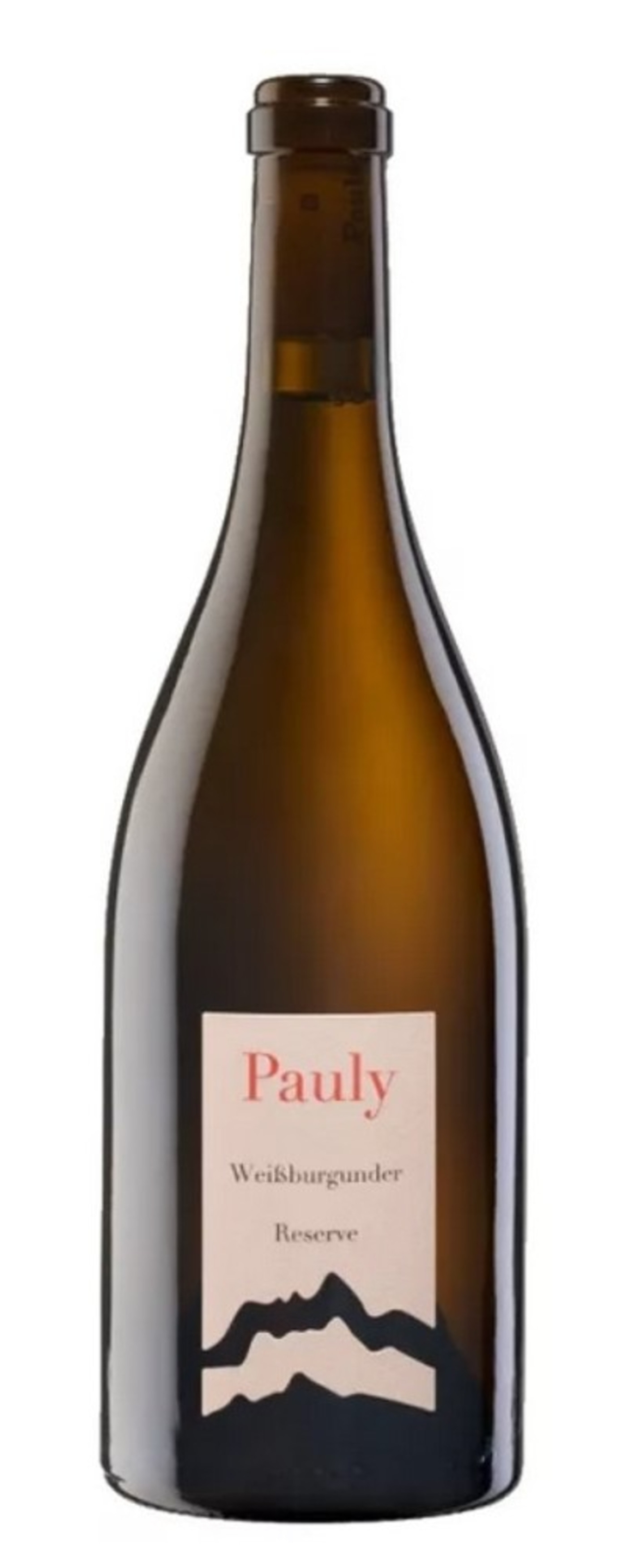 Weinflasche mit Etikett 'Pauly Weißburgunder Reserve' vor weißem Hintergrund
