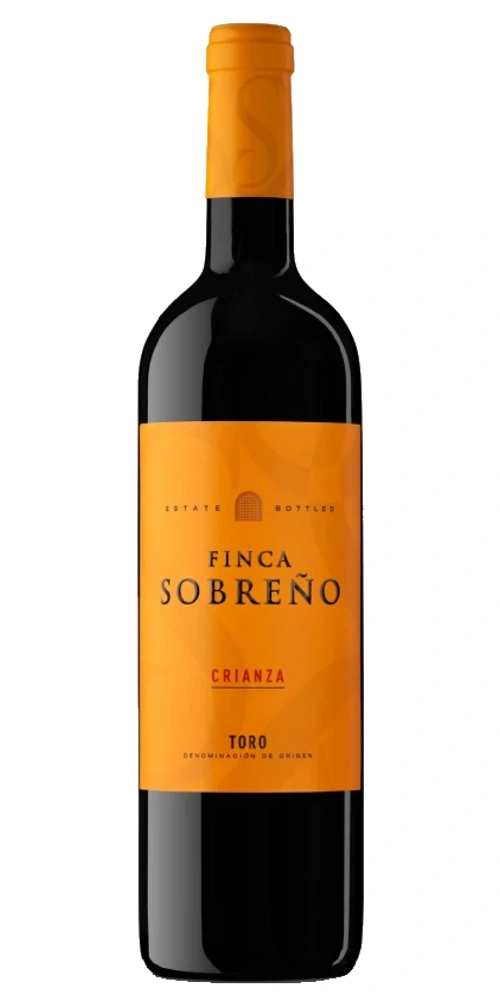Flasche Rotwein von Finca Sobreno mit orangefarbenem Etikett