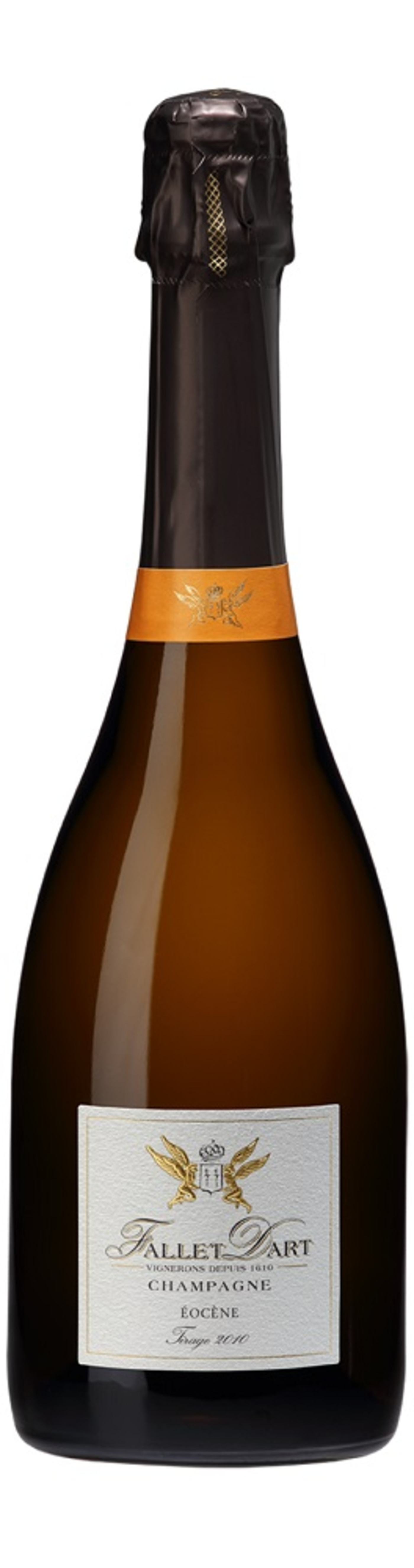 Champagnerflasche, braune Flasche mit goldenem Etikett, Eocene, 2010, Fallet-Dart