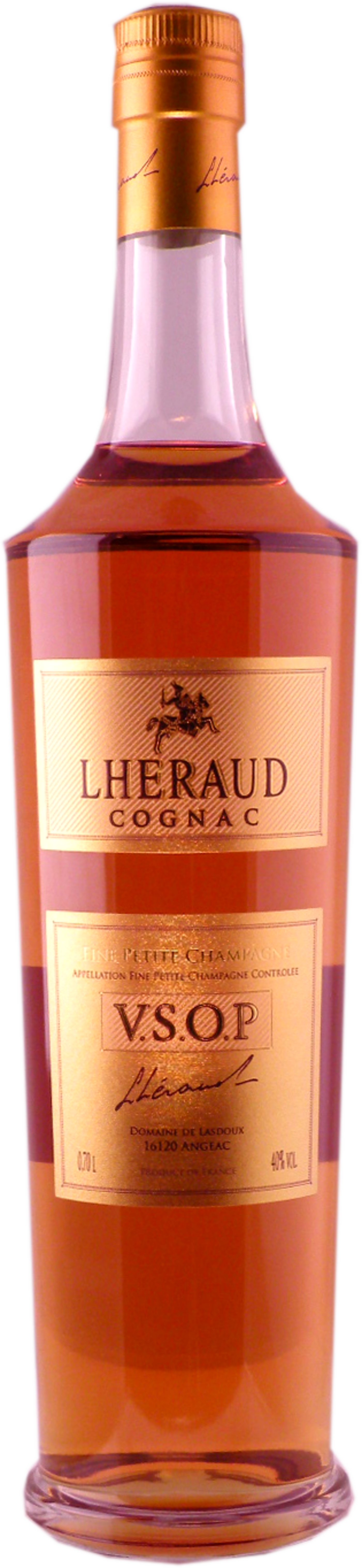 Cognac-Flasche Lheraud VSOP, goldene Etiketten, 40% Alkohol, 0,70 Liter, Produkt aus Frankreich