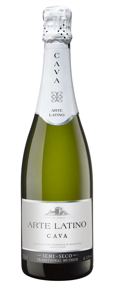 Flasche Arte Latino Cava mit Etikett und silberner Kapsel
