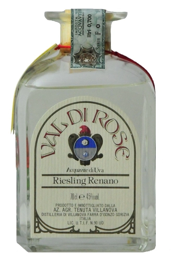 Glasflasche mit Etikett, Aufschrift 'Val Di Rose', 'Riesling Renano', 70cl, 45% vol.