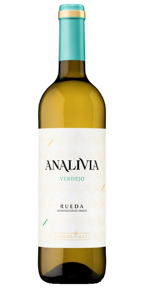 Eine weiße Analivia Verdejo Weinflasche mit türkisfarbenem und goldenem Etikett.