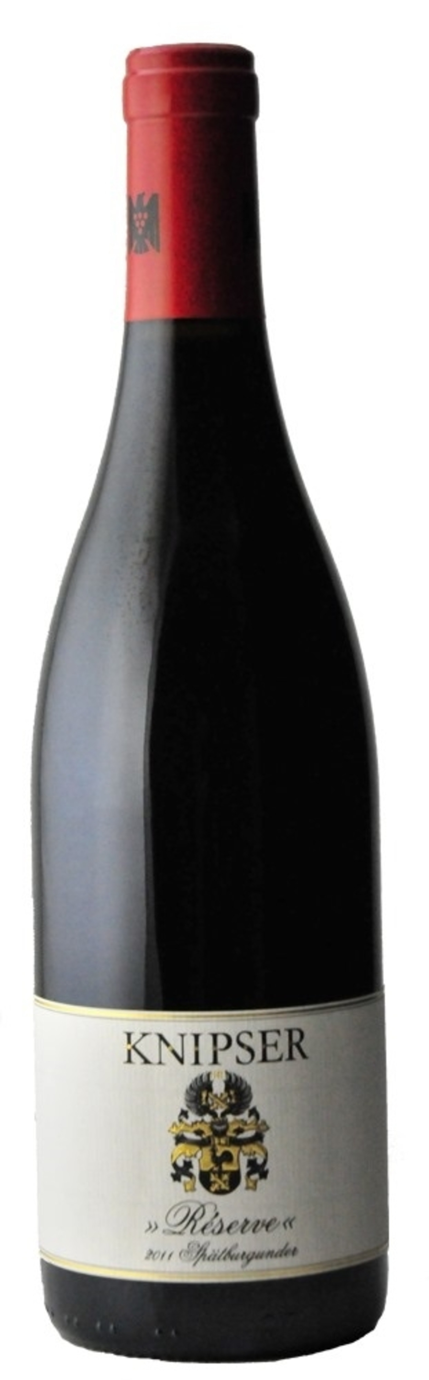 Wein-Flasche mit roter Kappe, Etikett mit goldener Schrift und Wappen, 2011 Spätburgunder