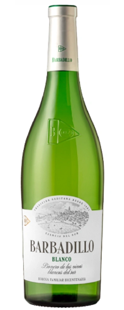 Eine grüne Flasche Wein mit dem Etikett Barbadillo Blanco