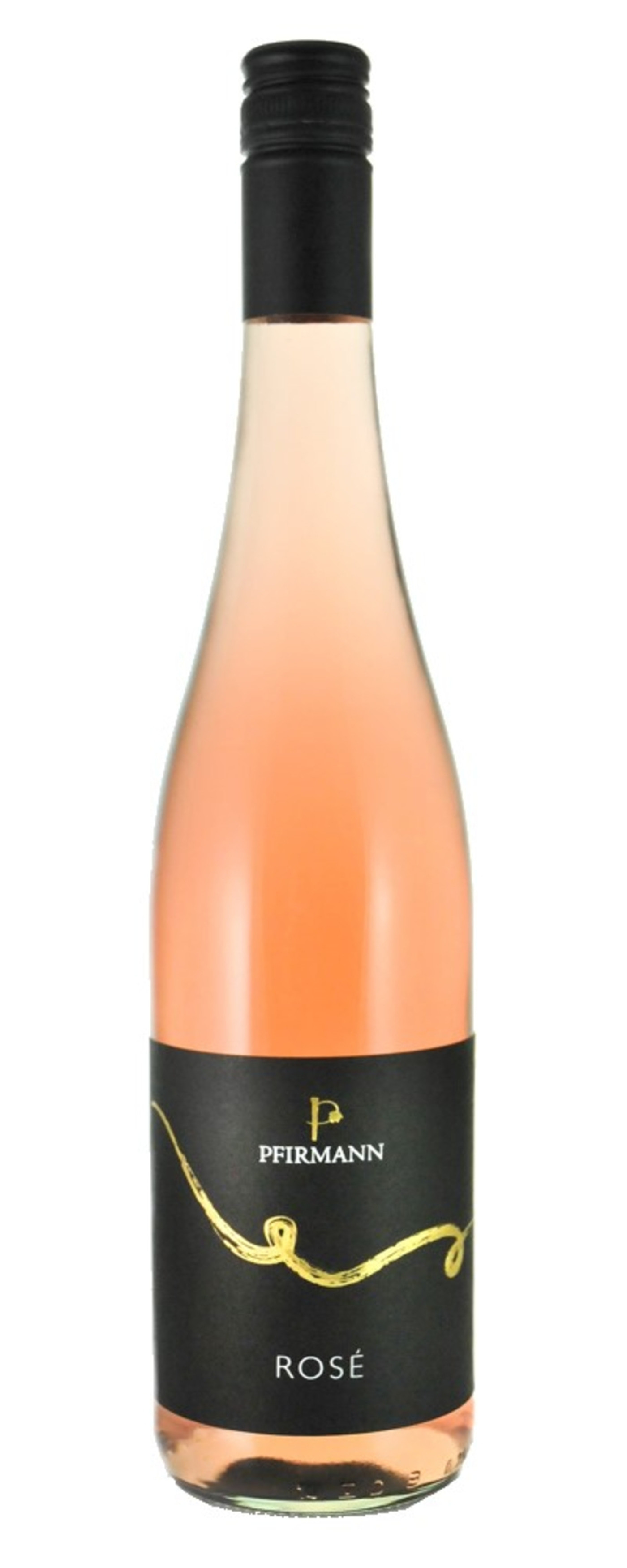 Rosé-Wein von Pfirrmann, rosa Flüssigkeit in einer Flasche mit schwarzem Etikett.