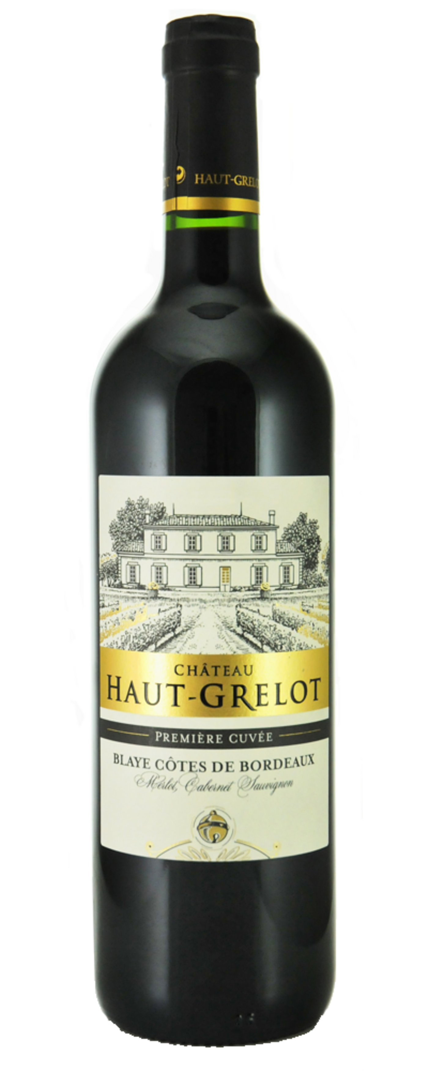 Wein-Etikett mit Schloss-Illustration, Text: Château Haut-Grelot, Blaye Côtes de Bordeaux
