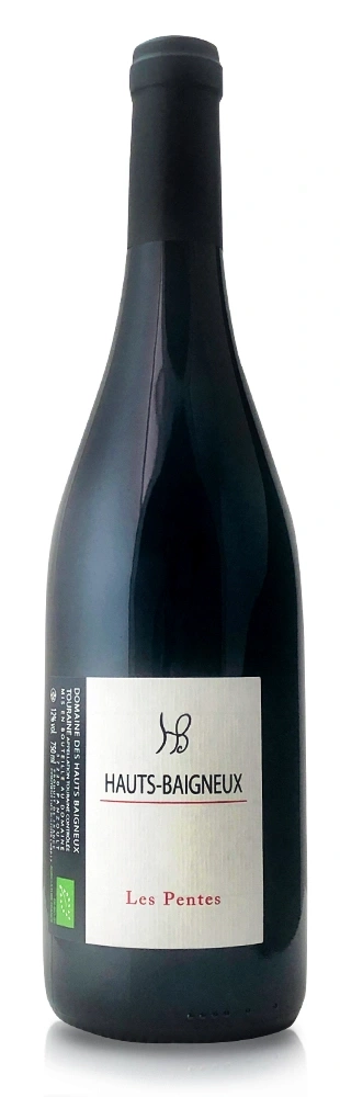 Weinflasche mit Etikett 'HAUTS-BAIGNEUX Les Pentes' und 12% vol.