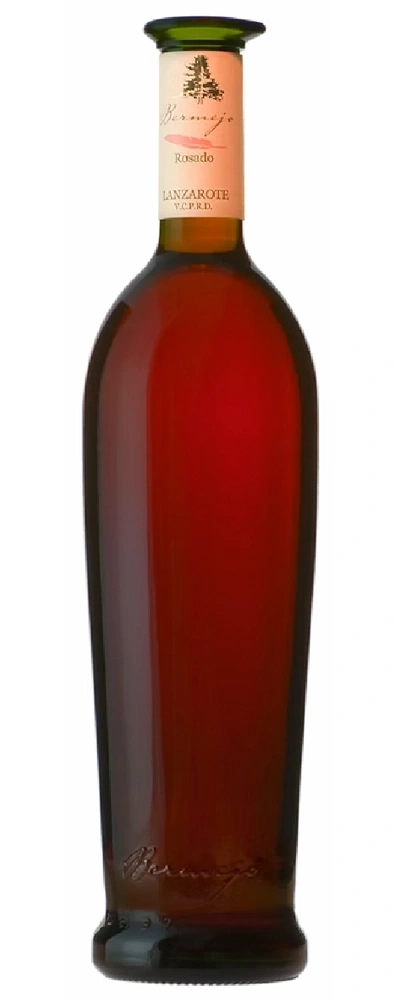 Eine Flasche Wein mit dem Etikett Bermejo Rosado Lanzarote V.C.P.R.D.