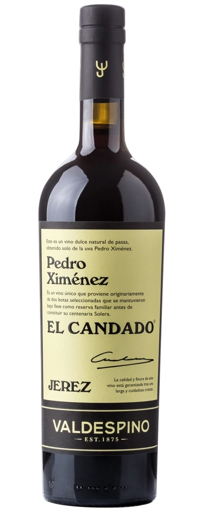Eine Flasche Pedro Ximénez Wein von Valdespino mit gelbem Etikett.