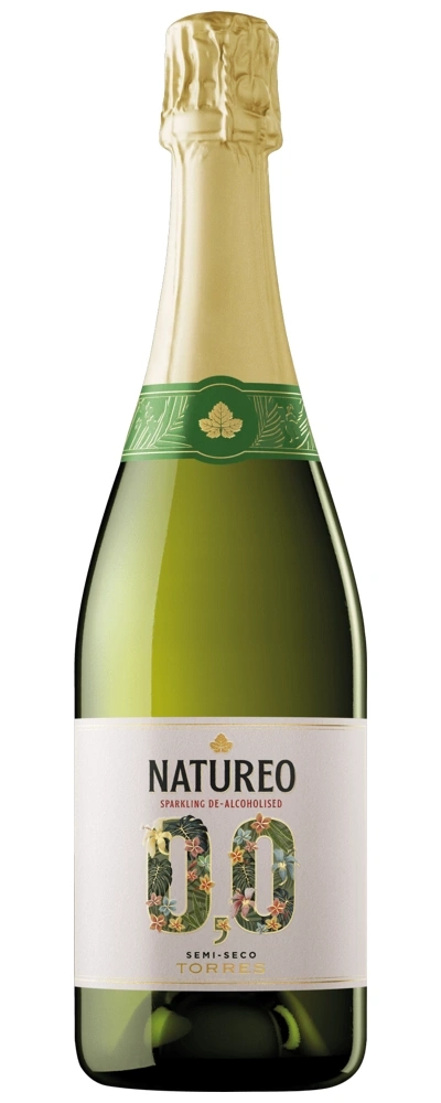 Flasche Natureo 0,0 Sekt mit Blumenmuster und goldener Kappe