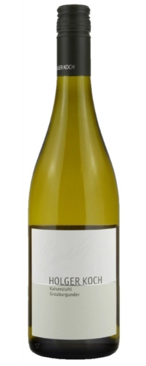 Weinflasche mit weißem Etikett, Aufschrift Holger Koch, Kaiserstuhl Grauburgunder