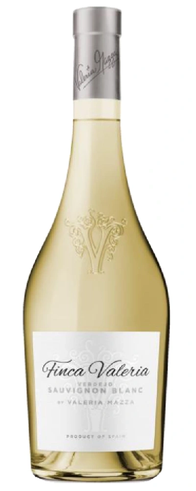 Flasche Weißwein mit silbernem Etikett und weißem Aufdruck.