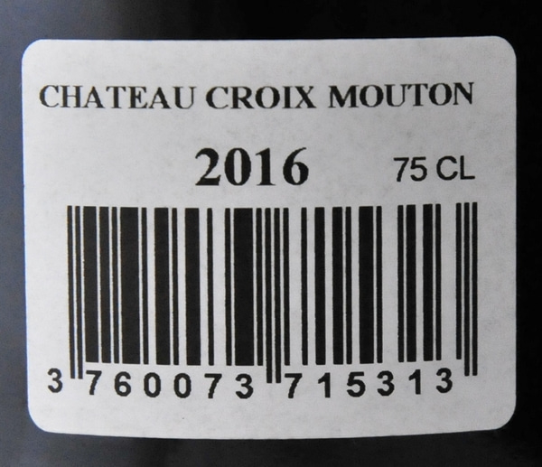 Château Croix Mouton 2016 Bordeaux Superieur AC Etikett mit Text: Chateau Croix Mouton, 2016, 75 CL und Barcode.