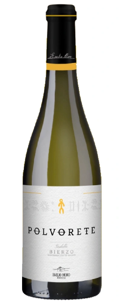 Weinflasche Polvorete Godello Bierzo, gelbes Etikett, schwarzer Deckel, Emilio Moro