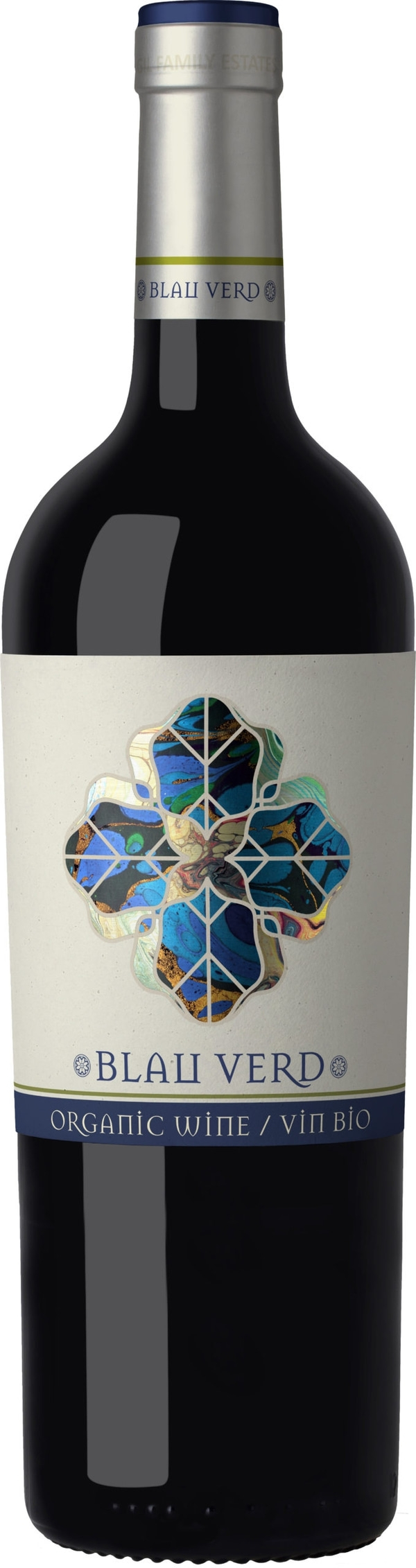 Wein Blau Verd, Bio-Wein, Flasche mit blauem und goldenem Design, Nahaufnahme
