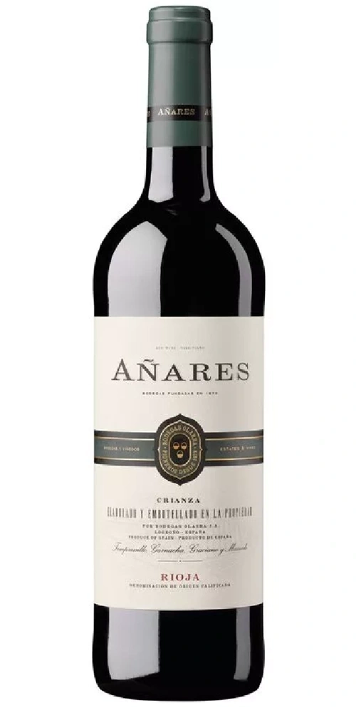 Eine Flasche Rotwein mit dem Etikett "Añares Rioja Crianza"