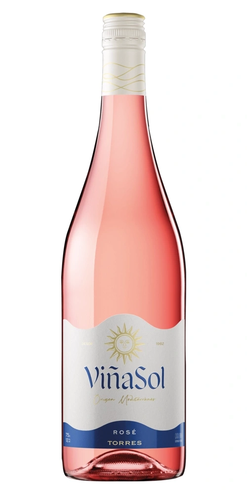 Eine Flasche Roséwein von Viña Sol mit dem Namen Torres.