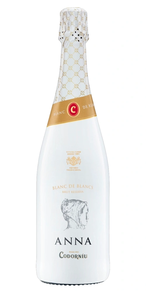 Weiße Champagnerflasche mit goldenem Etikett und dem Schriftzug Anna Codorníu.